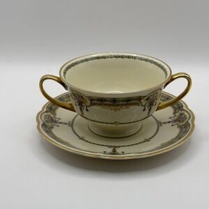Vtg Black Knight Selb Bavaria Cream Soup Bowl and Saucer Set Floral Gold Gilt 30